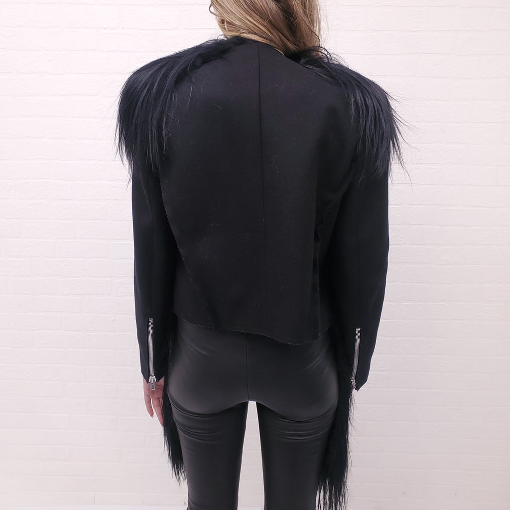MAISON MARGIELA BLACK GOAT HAIR ASYMMETRICAL JACKET WITH CUT OUT DETAILS - SIZE 40