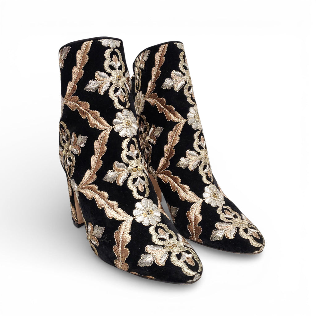 MANOLO BLAHNIK BLACK VELVET METALLIC BROCADE BOOTS - SIZE 35.5