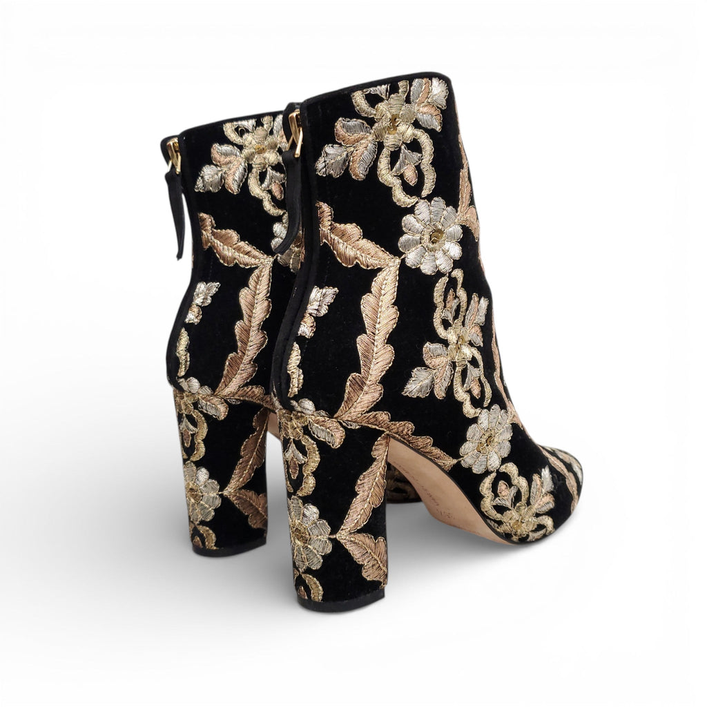 MANOLO BLAHNIK BLACK VELVET METALLIC BROCADE BOOTS - SIZE 35.5