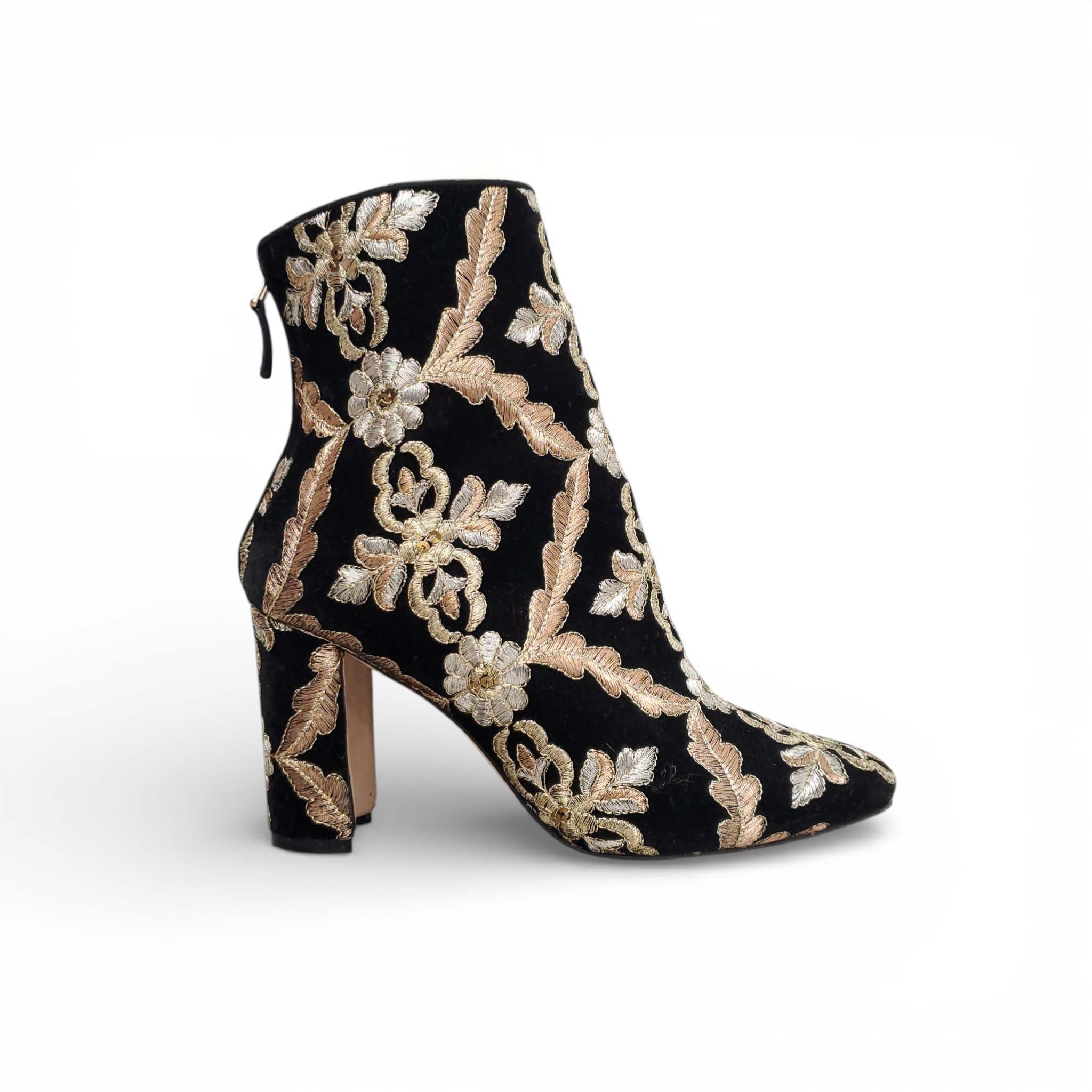 MANOLO BLAHNIK BLACK VELVET METALLIC BROCADE BOOTS - SIZE 35.5