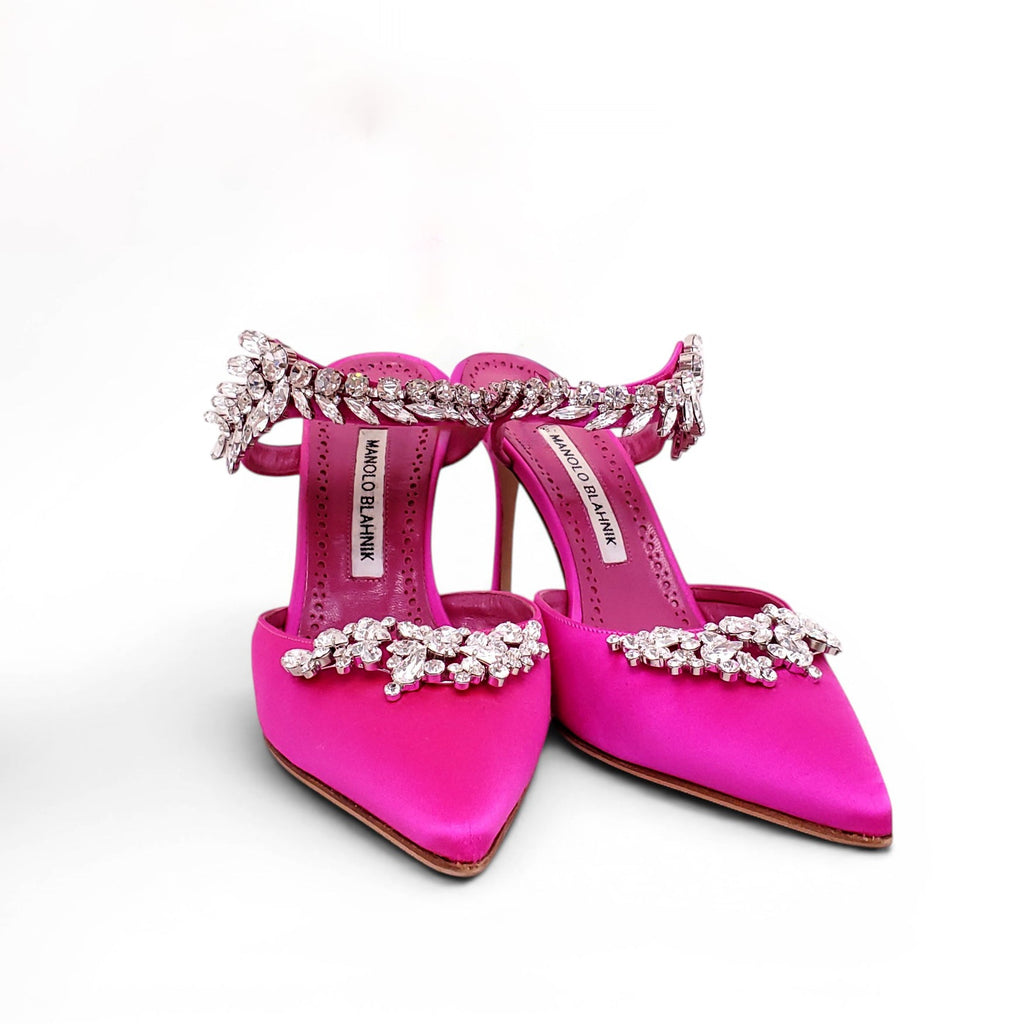 MANOLO BLAHNIK LURIUM FUCHSIA SATIN CRYSTAL EMBELLISHED MULES - SIZE 38.5
