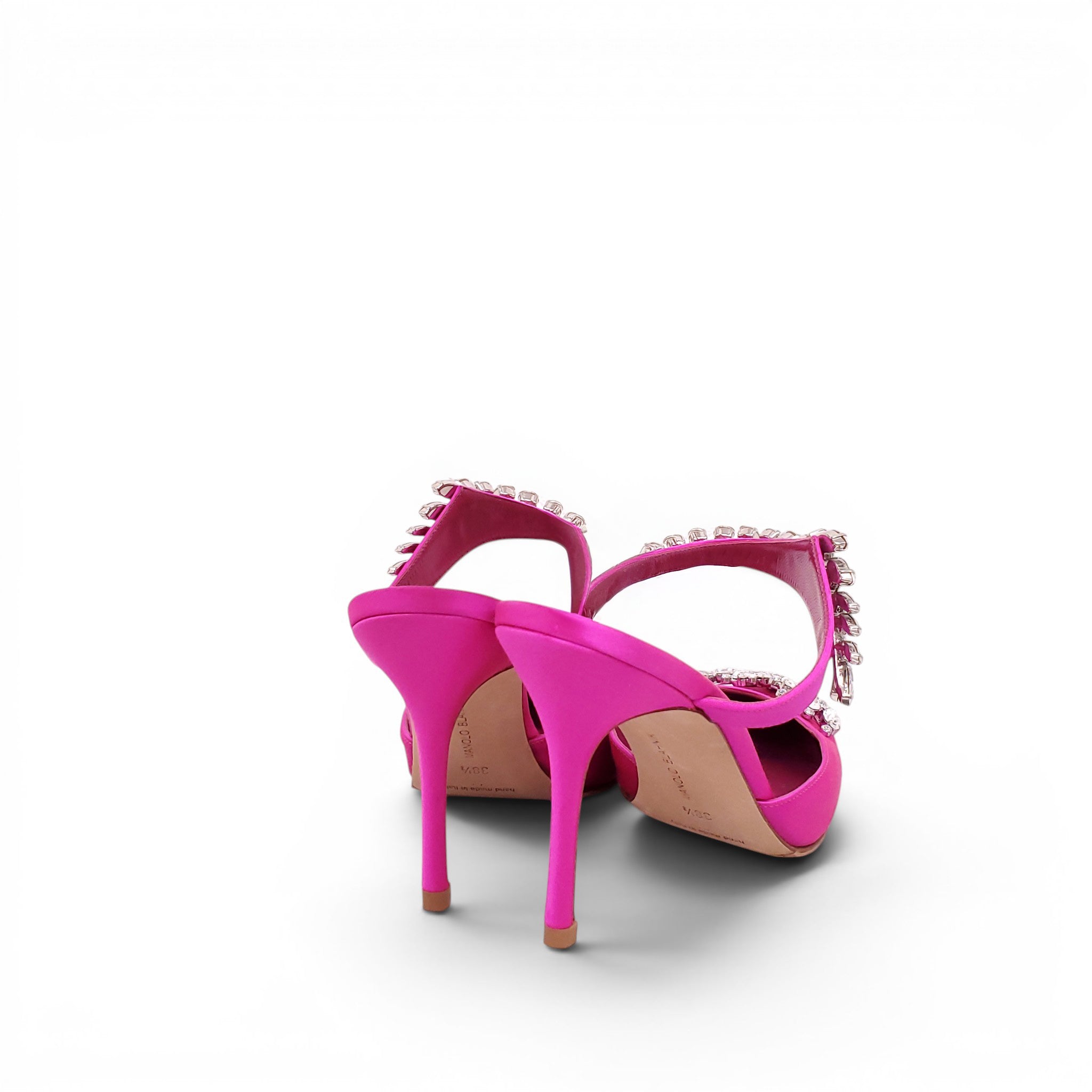 MANOLO BLAHNIK LURIUM FUCHSIA SATIN CRYSTAL EMBELLISHED MULES - SIZE 38.5