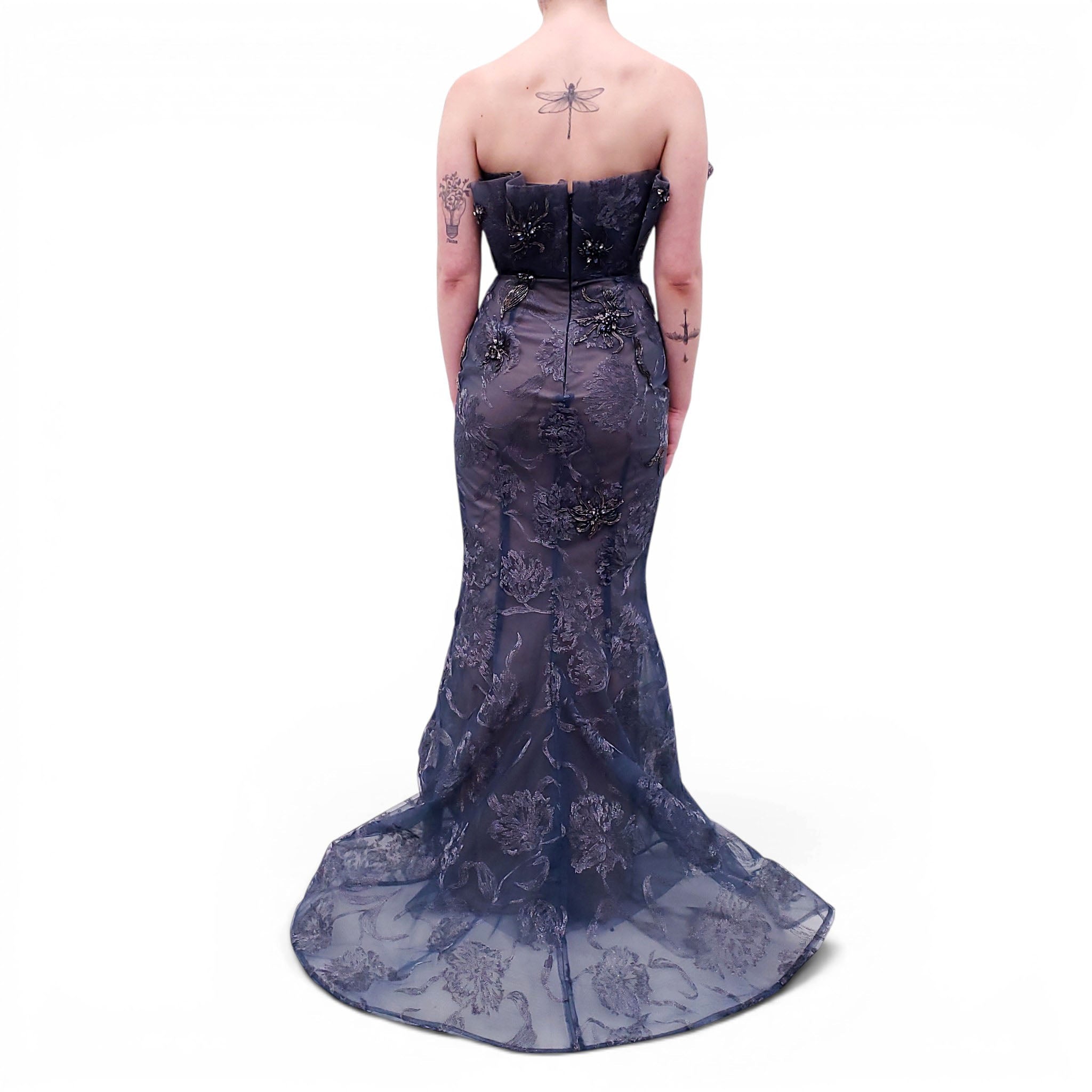 MARCHESA RUNWAY TEAL SEQUIN FLORAL OVERLAY GOWN - SIZE 4