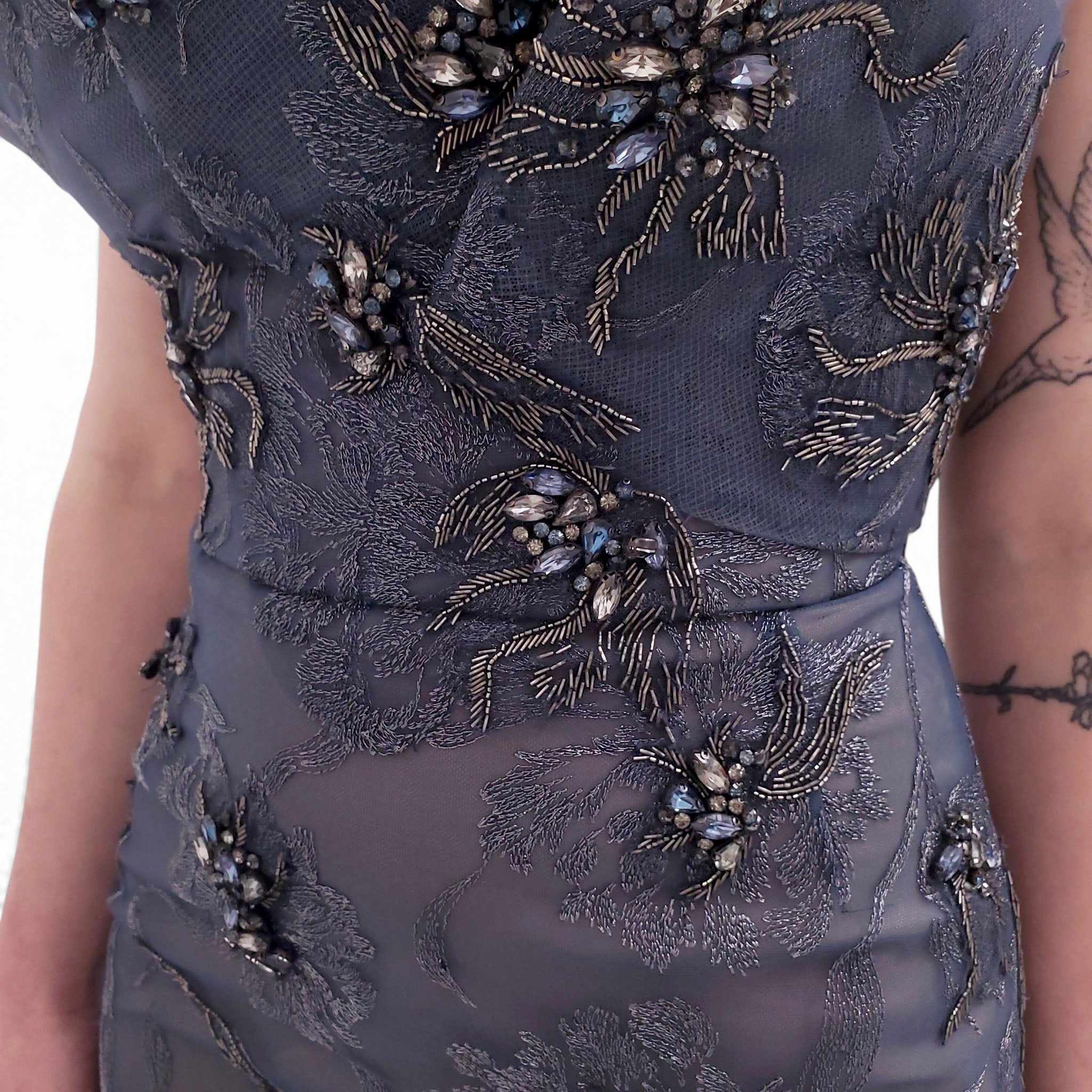 MARCHESA RUNWAY TEAL SEQUIN FLORAL OVERLAY GOWN - SIZE 4