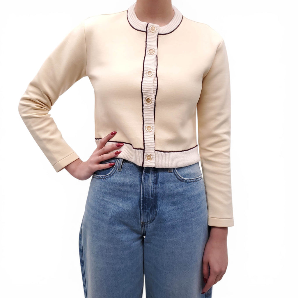 MARNI BUTTER YELLOW CARDIGAN WITH BURGUNDY STITCHING - SIZE 38