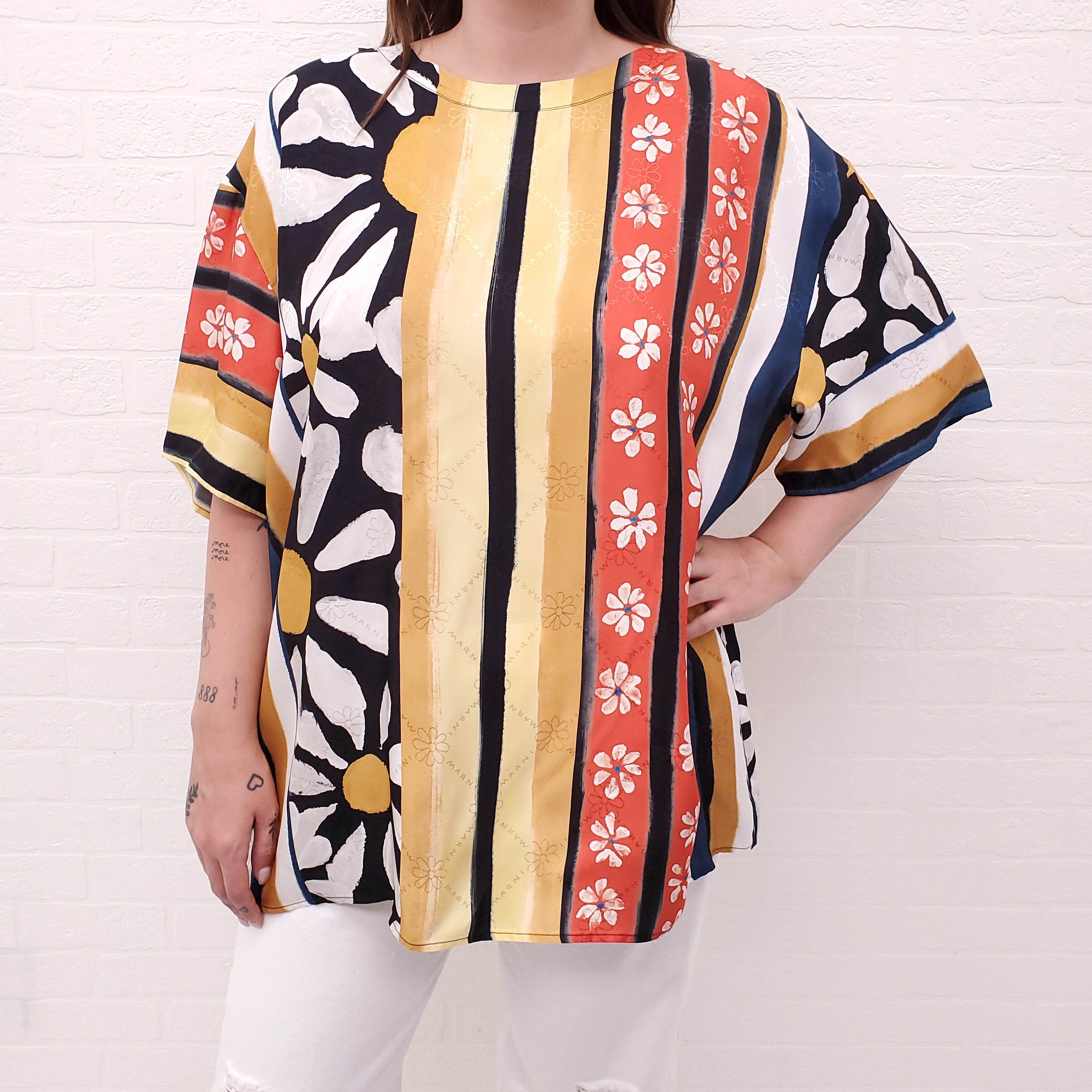 MARNI MULTI-PATTERNED FLORAL SHORT SLEEVE BLOUSE WITH LOGO - SIZE 44