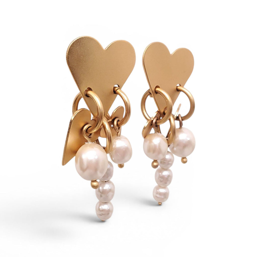 MARTHA STURDY GOLD HEART AND PEARL DROP CLIP-ON EARRINGS