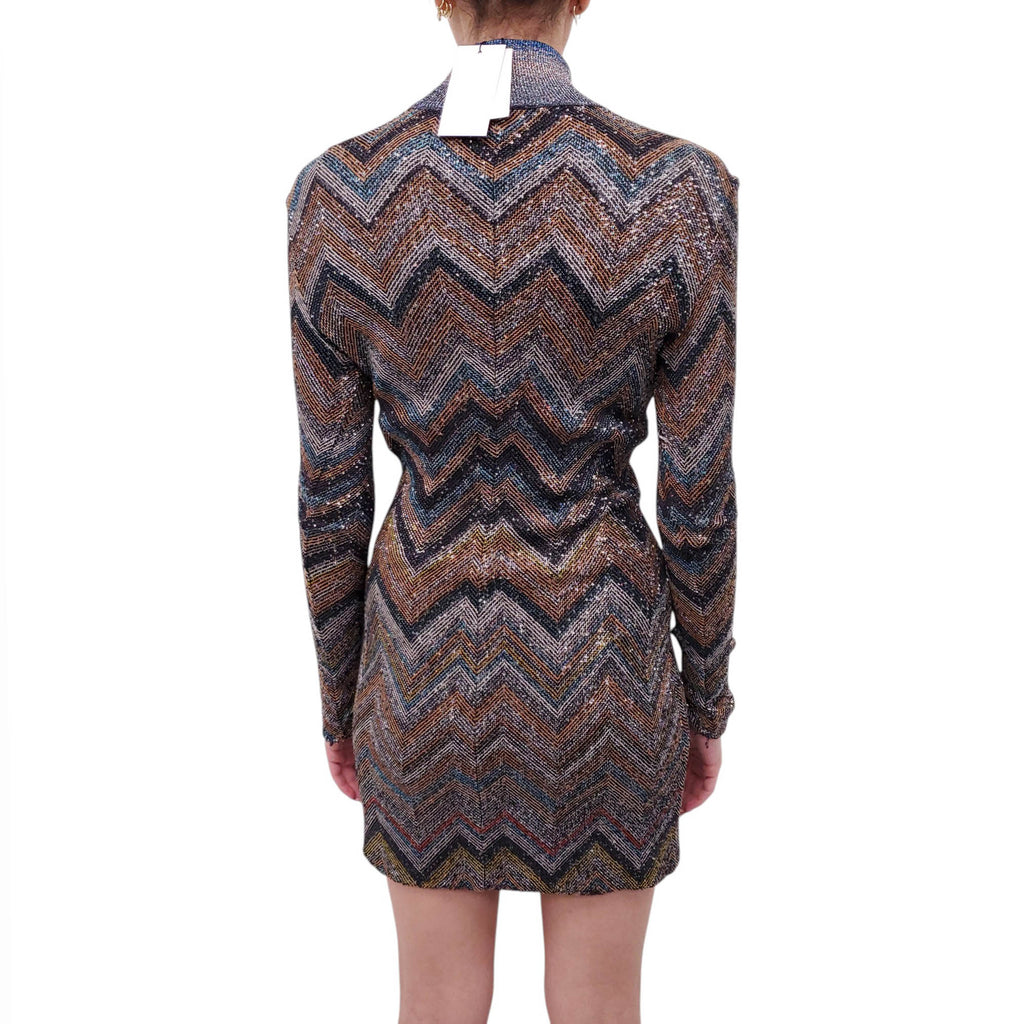 MISSONI BROWN AND BLUE CHEVRON SEQUIN KNIT DRESS - SIZE 40