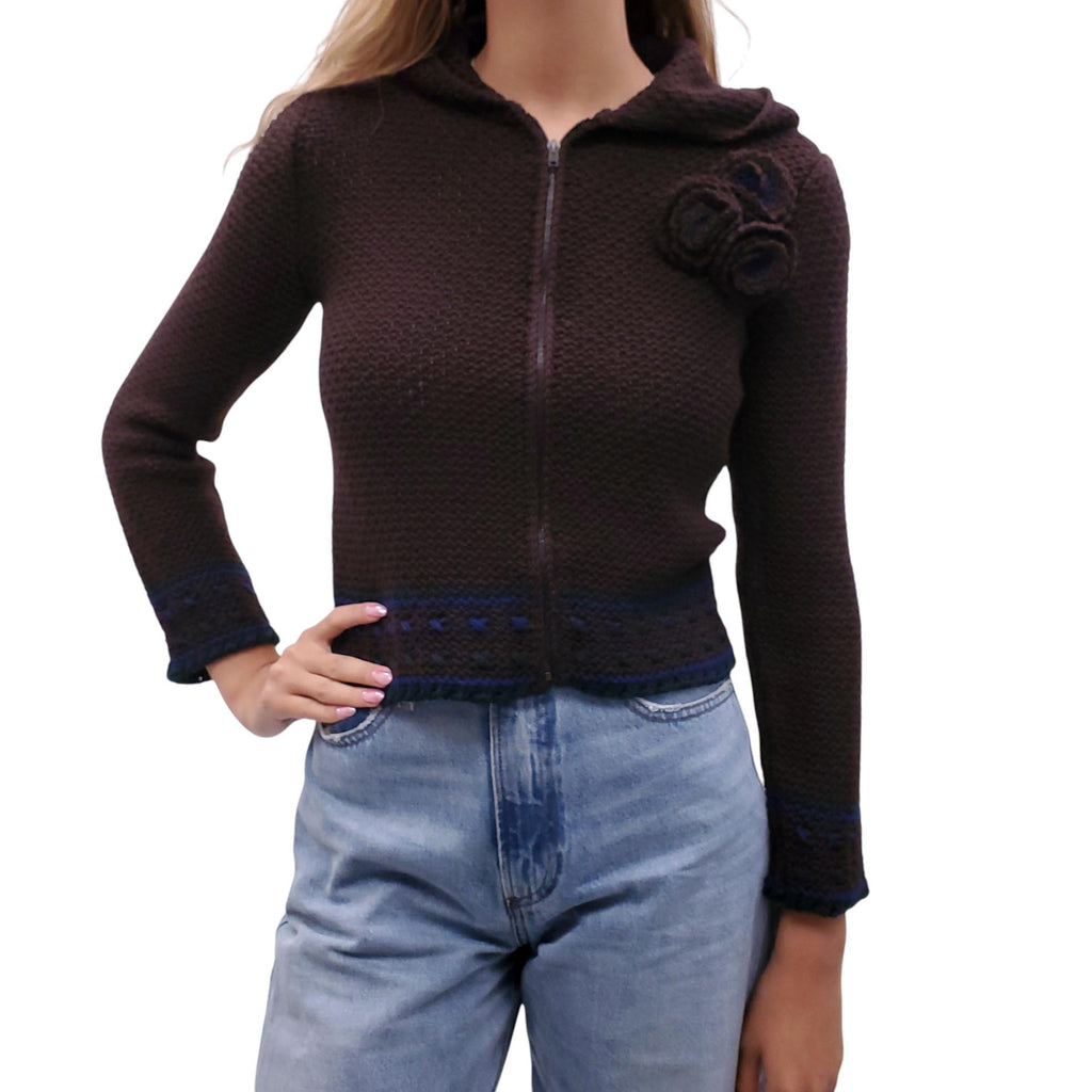 MIU MIU BROWN AND NAVY KNIT SWEATER WITH ROSETTE DETAIL - SIZE S