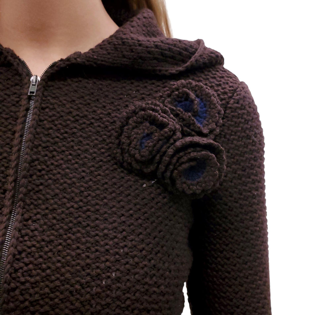 MIU MIU BROWN AND NAVY KNIT SWEATER WITH ROSETTE DETAIL - SIZE S