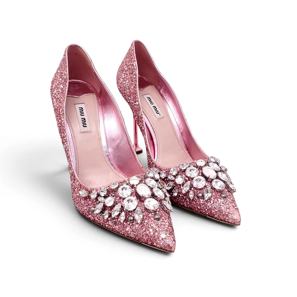 MIU MIU PINK GLITTER HEELS WITH CRYSTAL DETAILS - SIZE 40
