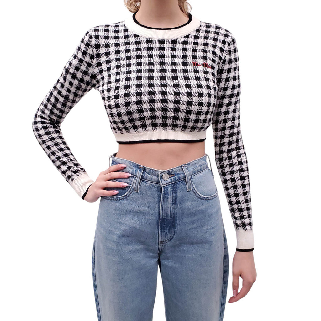 MIU MIU PLAID LONG SLEEVE SWEATER WITH LOGO - SIZE 36