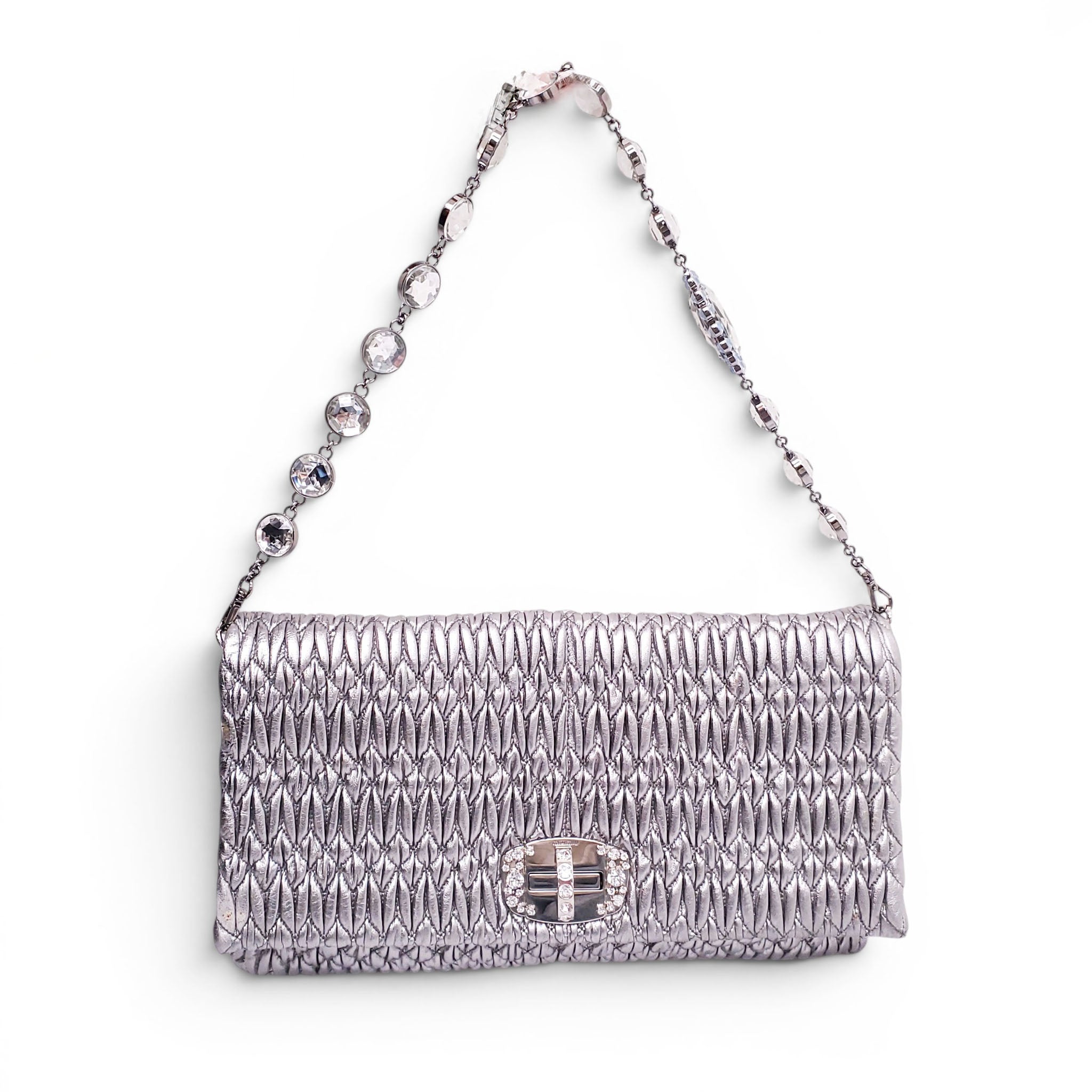 MIU MIU SILVER RUCHED BAG WITH CRYSTAL DETAIL