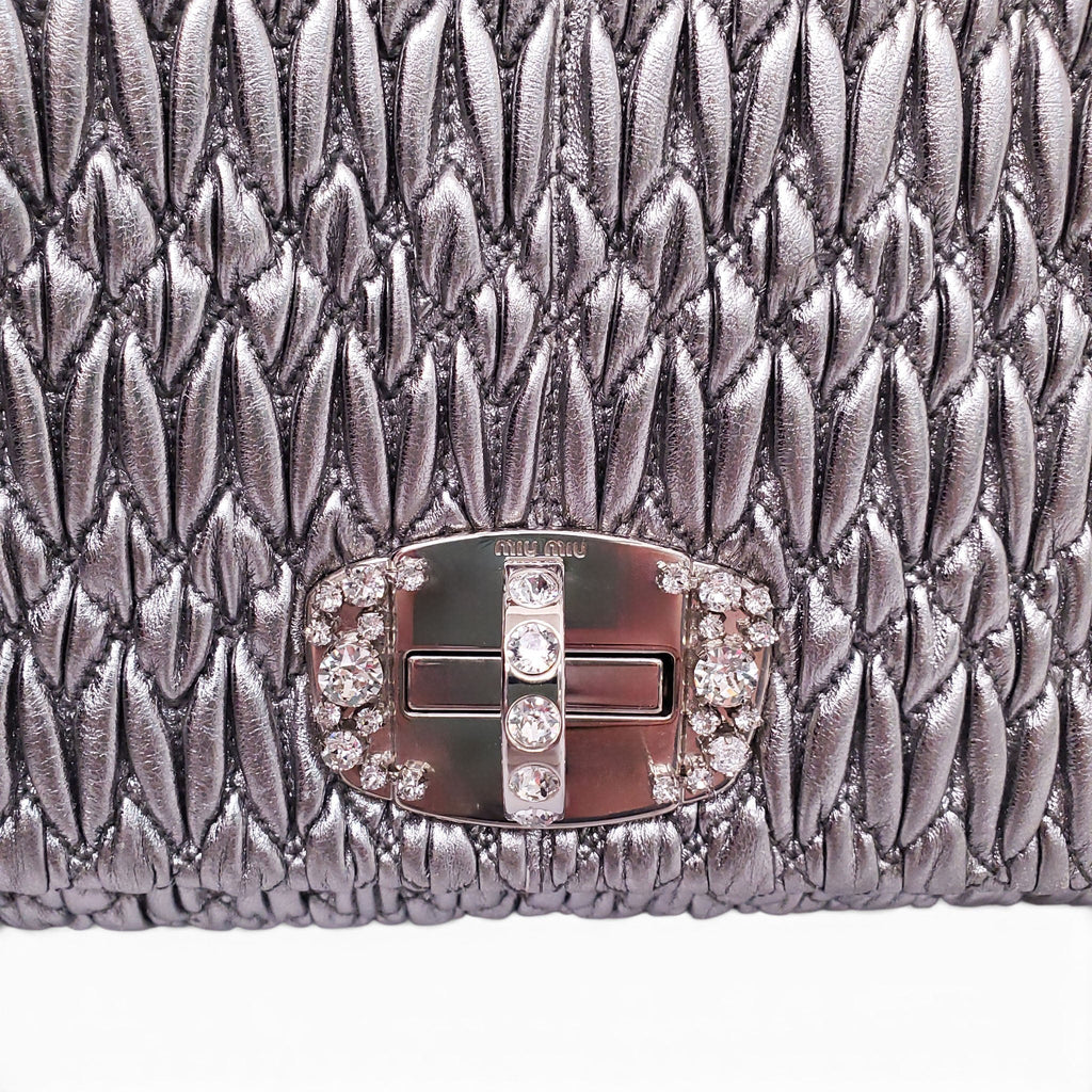 MIU MIU SILVER RUCHED BAG WITH CRYSTAL DETAIL