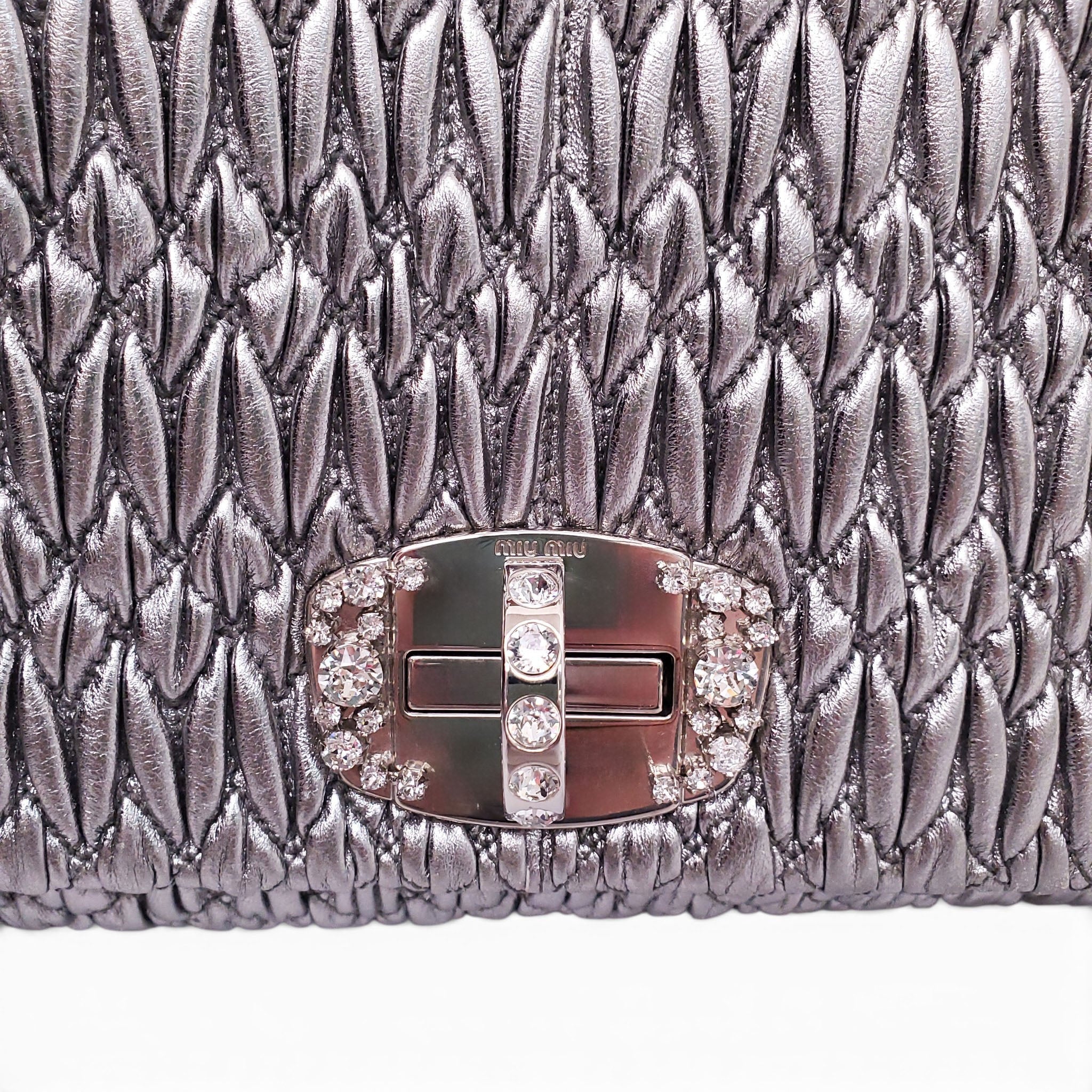 MIU MIU SILVER RUCHED BAG WITH CRYSTAL DETAIL