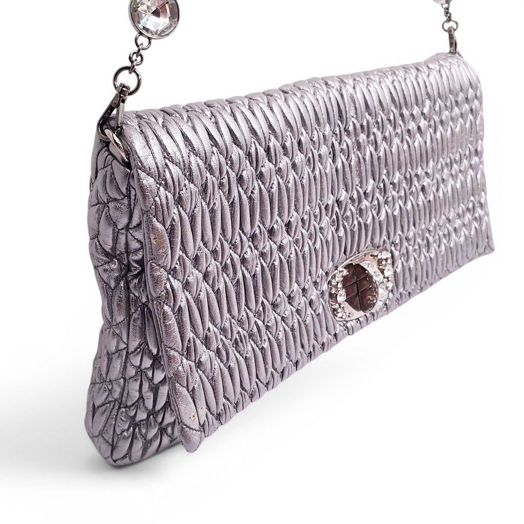MIU MIU SILVER RUCHED BAG WITH CRYSTAL DETAIL