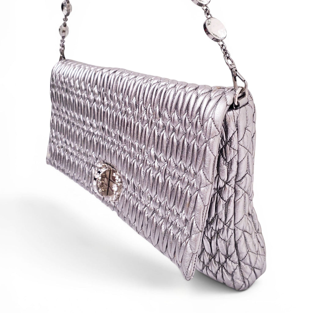 MIU MIU SILVER RUCHED BAG WITH CRYSTAL DETAIL