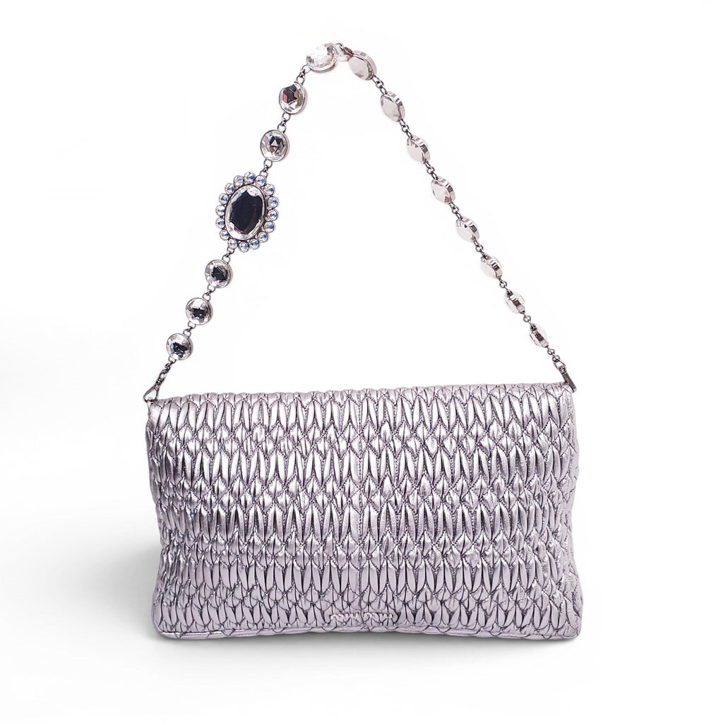 MIU MIU SILVER RUCHED BAG WITH CRYSTAL DETAIL