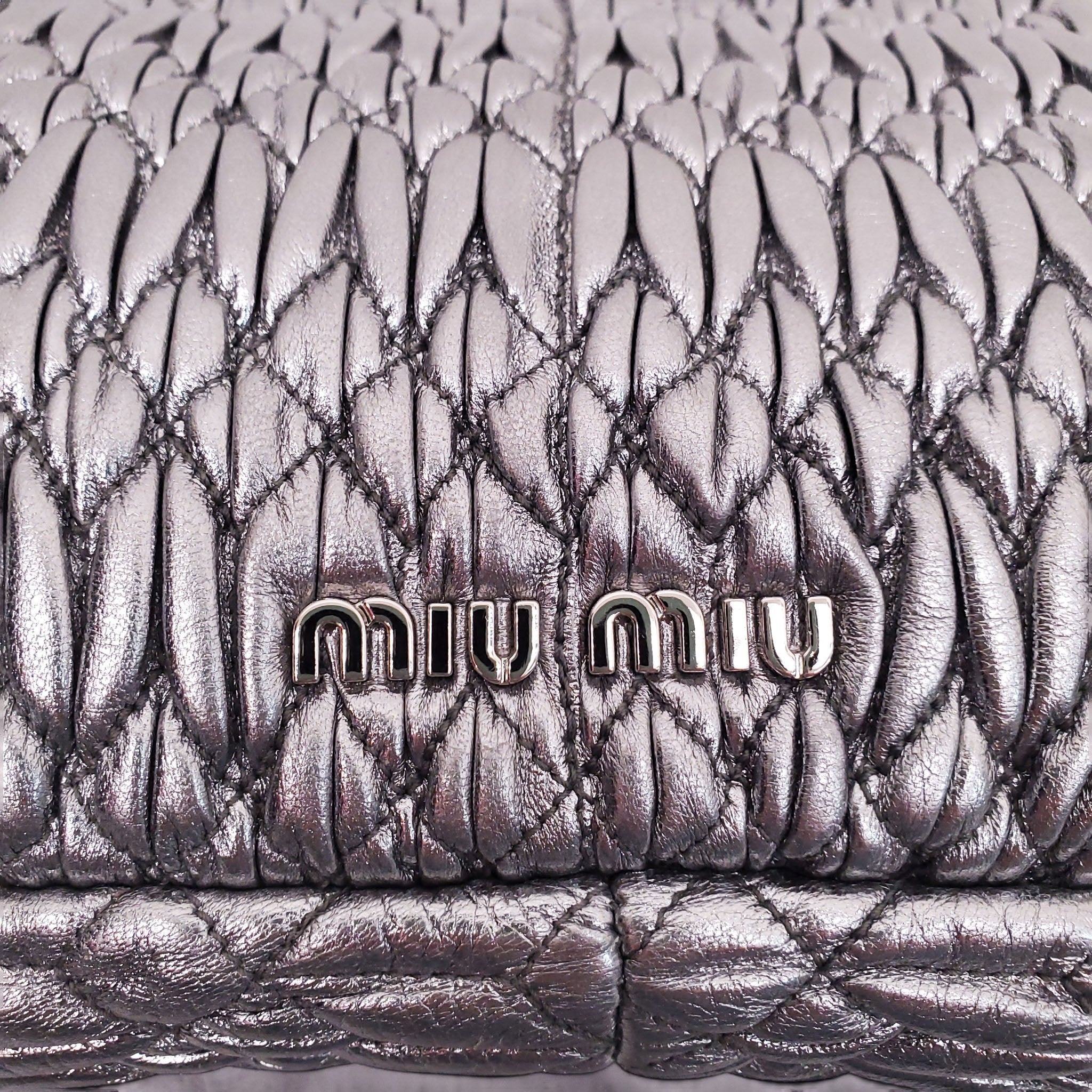 MIU MIU SILVER RUCHED BAG WITH CRYSTAL DETAIL