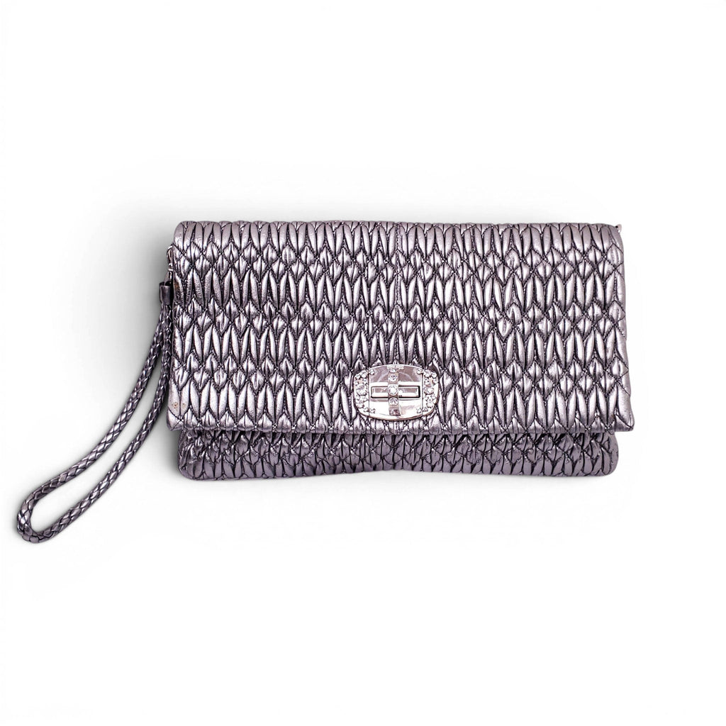 MIU MIU SILVER RUCHED BAG WITH CRYSTAL DETAIL