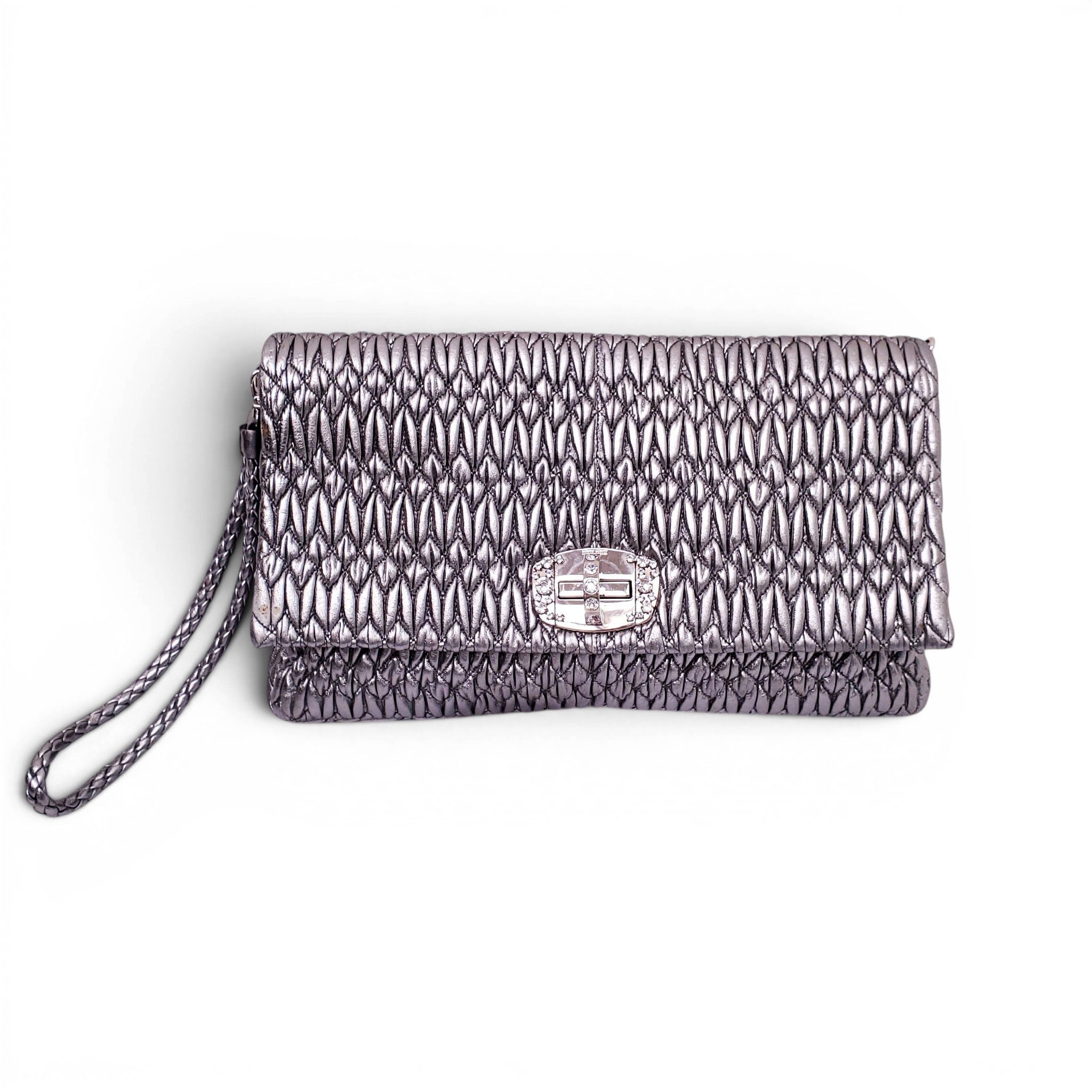 MIU MIU SILVER RUCHED BAG WITH CRYSTAL DETAIL