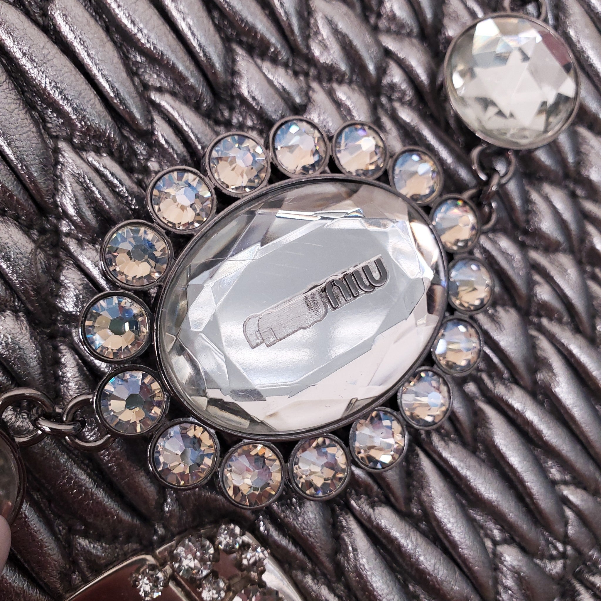 MIU MIU SILVER RUCHED BAG WITH CRYSTAL DETAIL