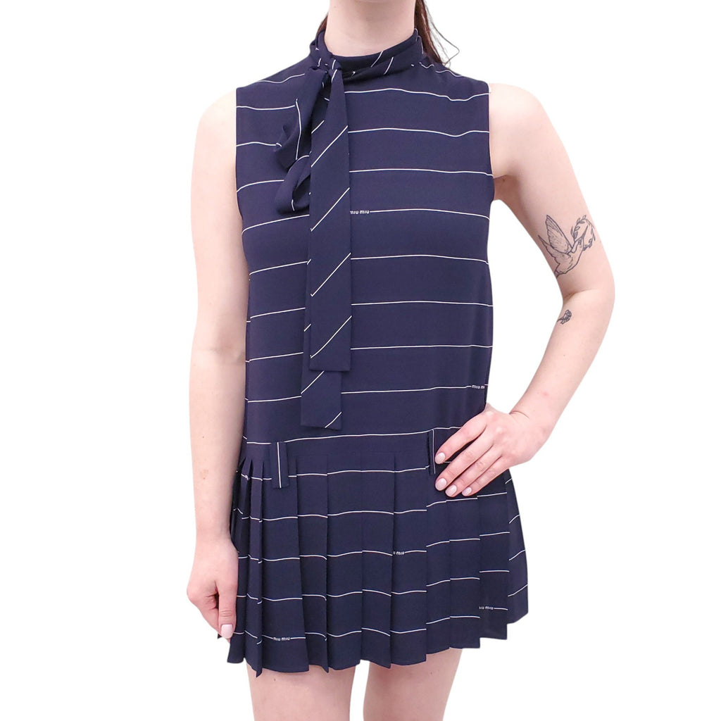 MIU MIU STRIPED DRESS WITH LOGO AND TIE DETAIL - SIZE XS