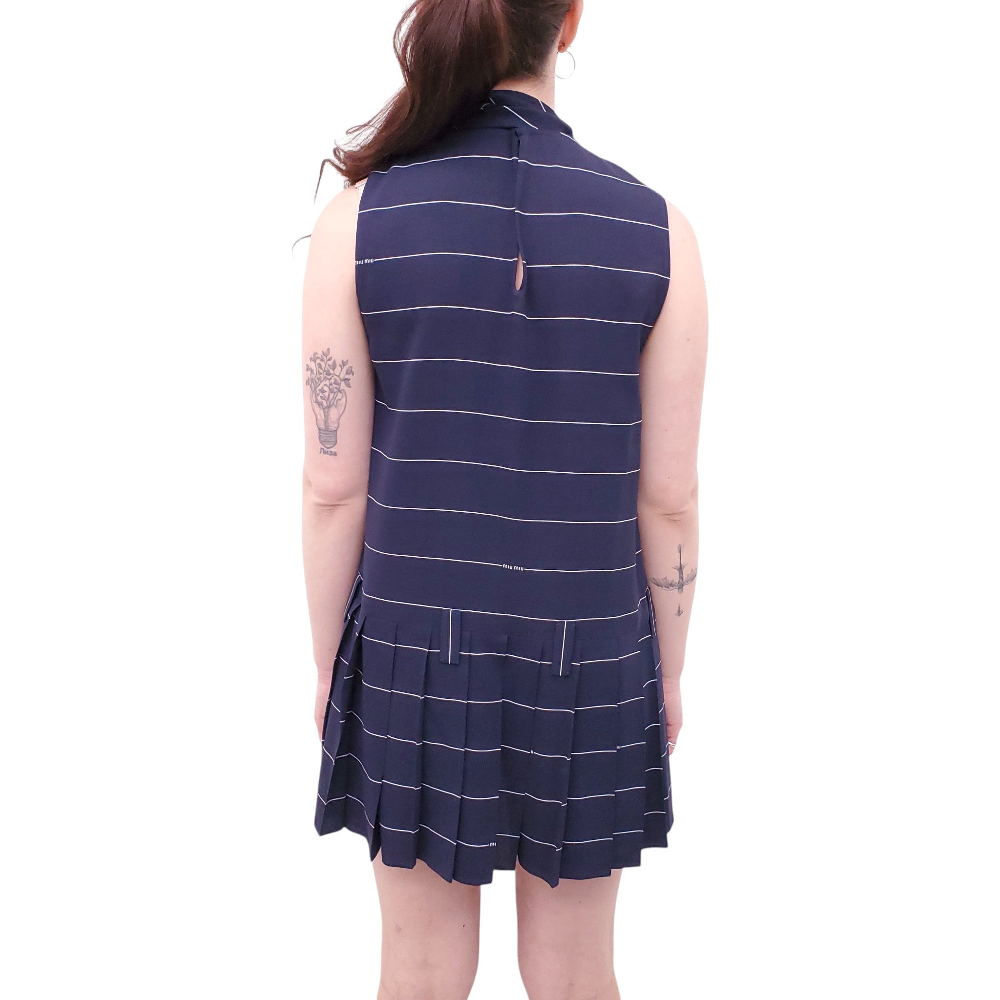 MIU MIU STRIPED DRESS WITH LOGO AND TIE DETAIL - SIZE XS