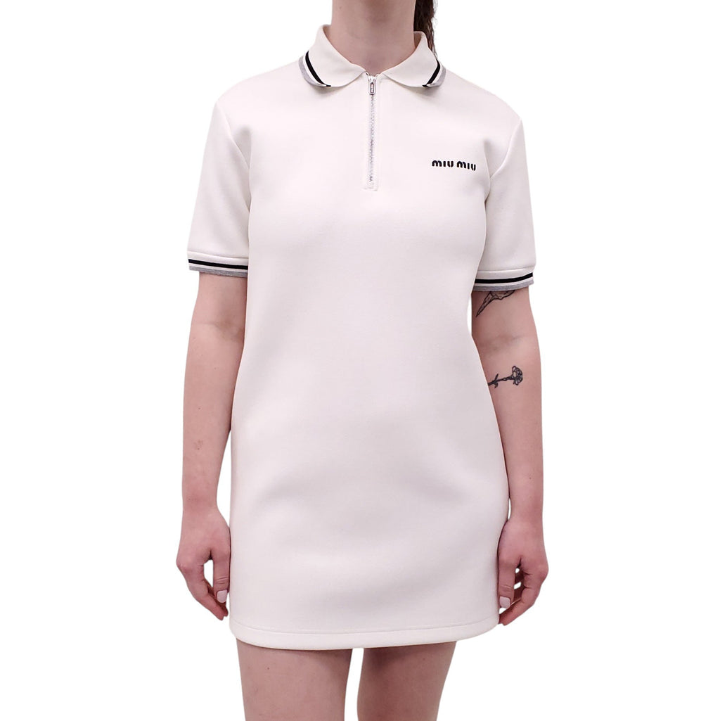 MIU MIU WHITE BANDED PIQUÉ JERSEY DRESS - SIZE 38