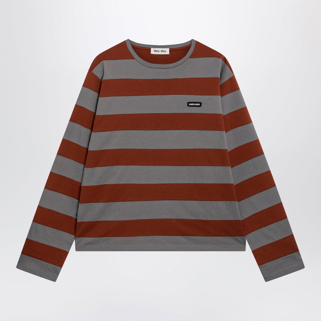 Miu Miu Striped Cotton Jersey T-Shirt In Iron/Tobacco Women