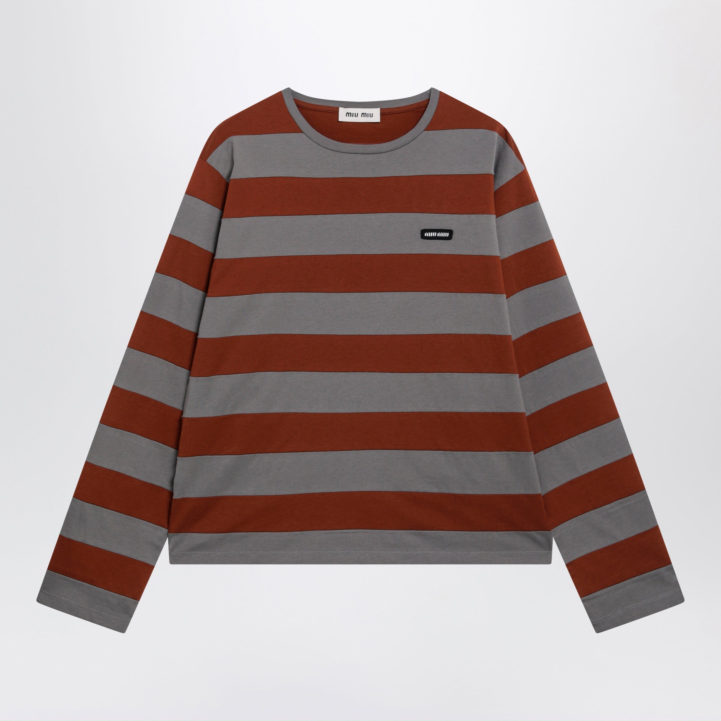 Miu Miu Striped Cotton Jersey T-Shirt In Iron/Tobacco Women