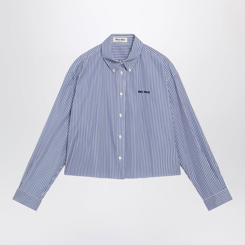 Miu Miu White/Cobalt Striped Cropped Shirt With Logo Embroidery Women