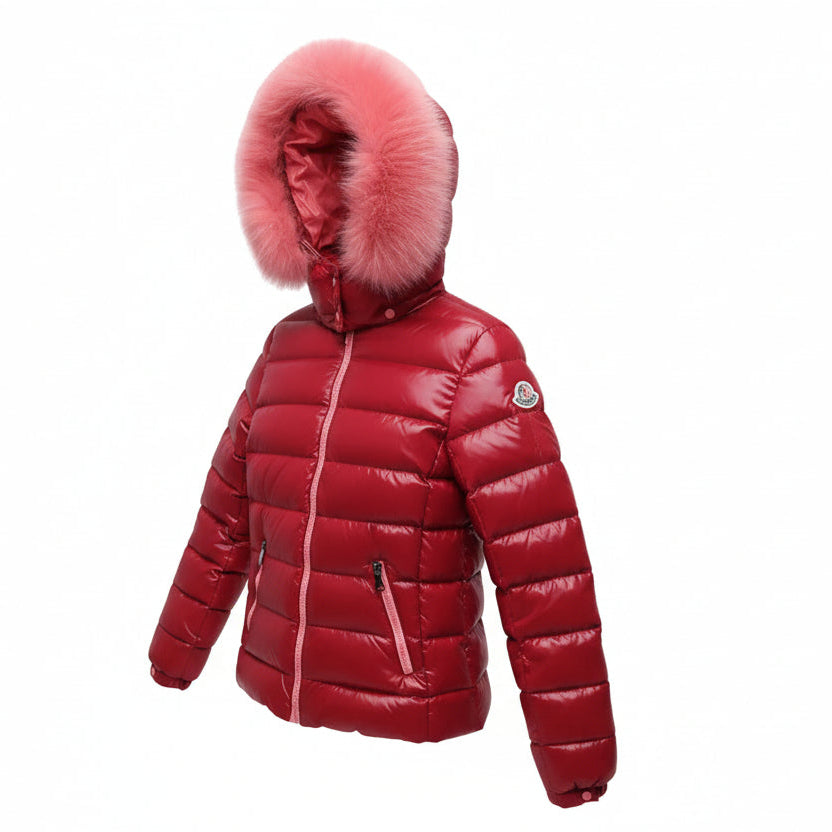 MONCLER RED PUFFER JACKET WITH PINK FUR HOOD - SIZE 00 (XXS)