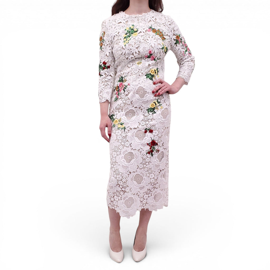 MONIQUE LHUILLIER WHITE EMBROIDERED FLORAL DRESS - SIZE 6