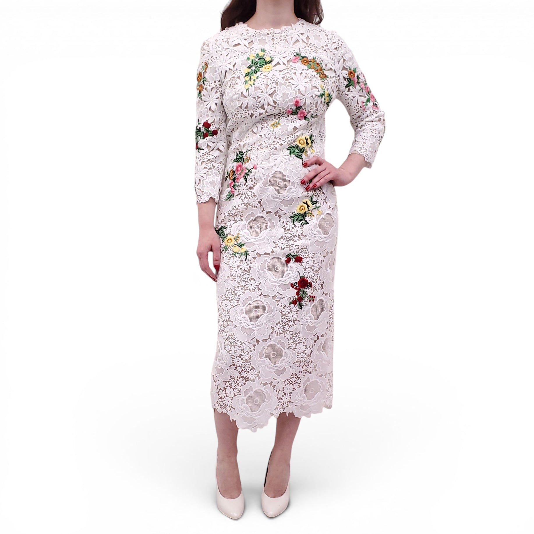 MONIQUE LHUILLIER WHITE EMBROIDERED FLORAL DRESS - SIZE 6