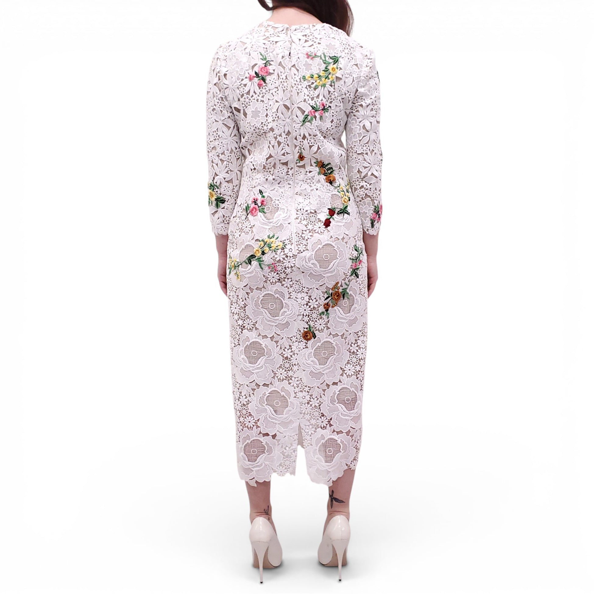 MONIQUE LHUILLIER WHITE EMBROIDERED FLORAL DRESS - SIZE 6