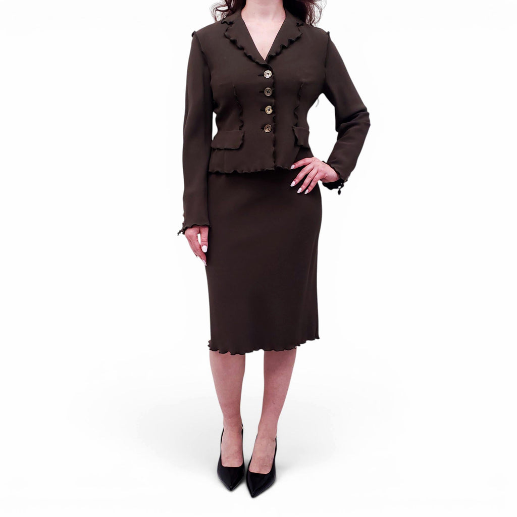 MOSCHINO ARMY GREEN RUFFLE JACKET AND SKIRT SUIT - SIZE S