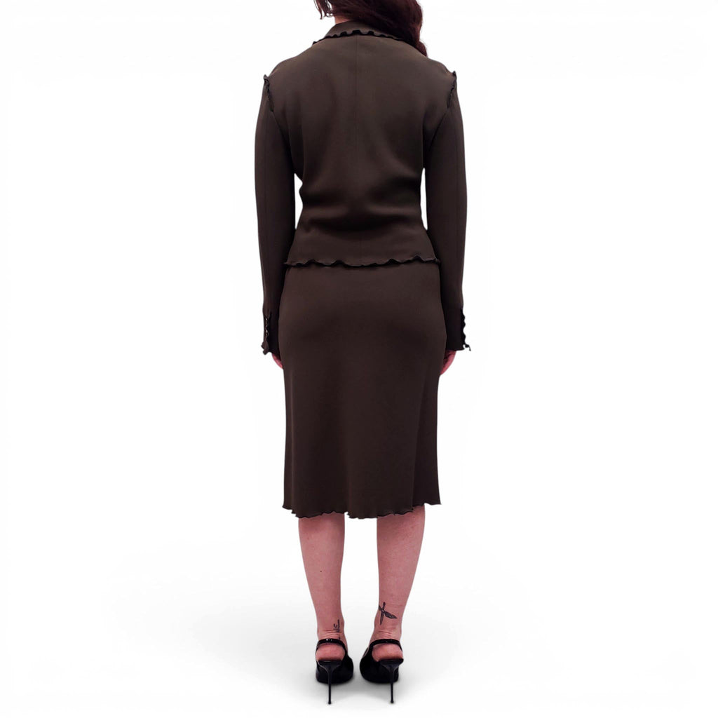 MOSCHINO ARMY GREEN RUFFLE JACKET AND SKIRT SUIT - SIZE S