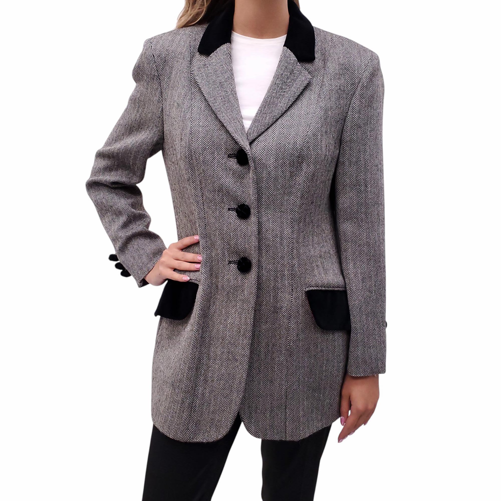 MOSCHINO CHEAP AND CHIC GREY TWEED RIDING JACKET WITH VELVET DETAILS - SIZE L