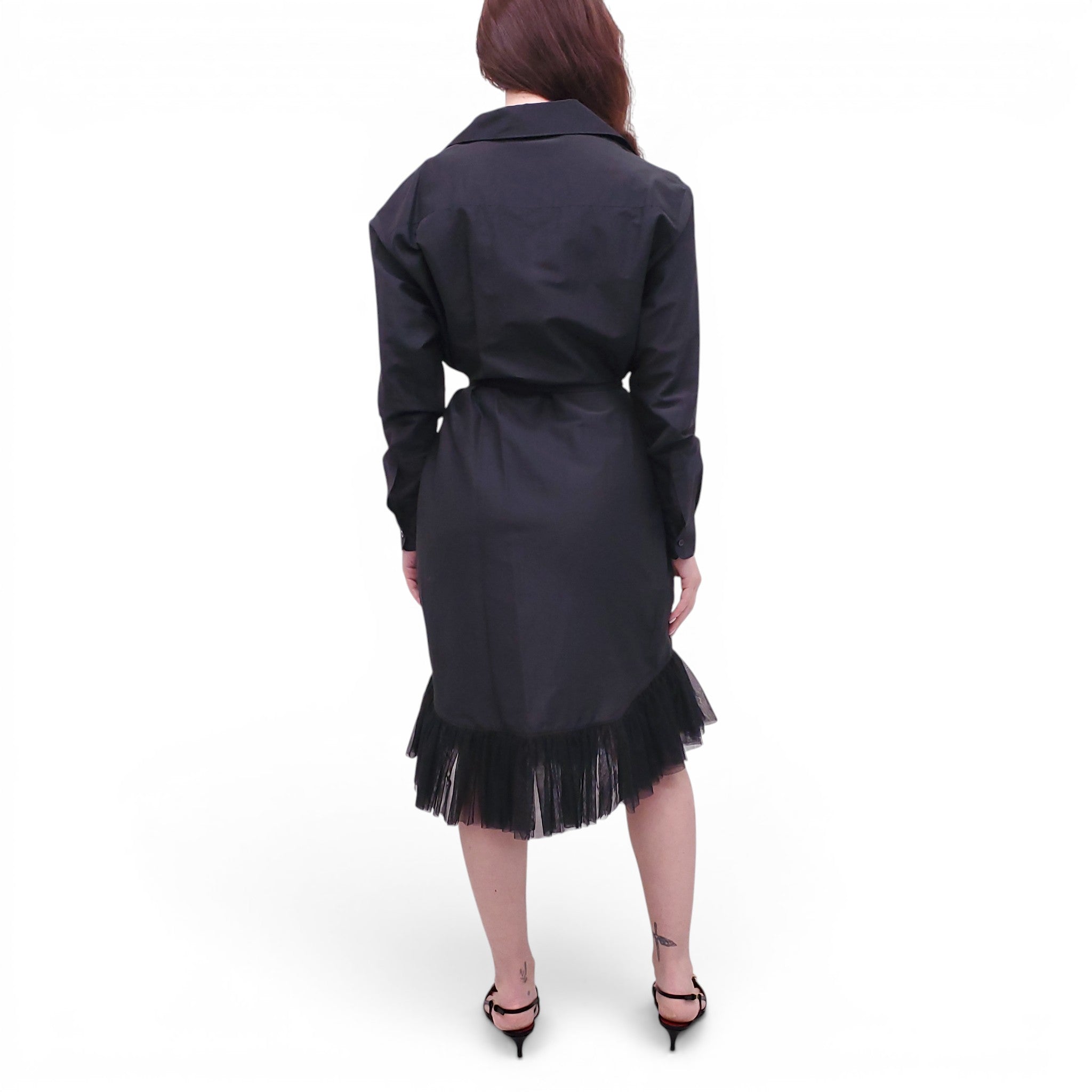 MOSCHINO COUTURE BLACK COTTON DRESS WITH TULLE TRIM AND BELT DETAIL - SIZE 10