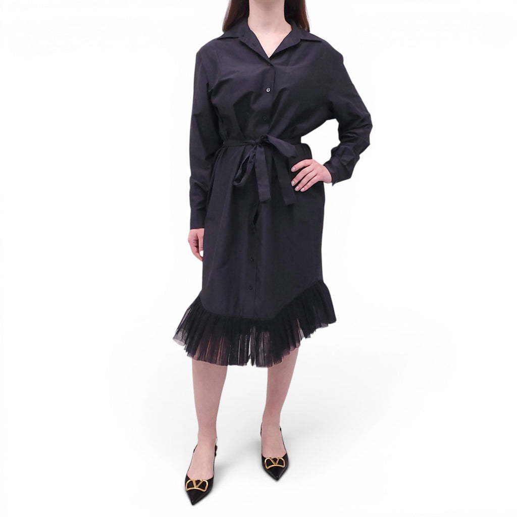 MOSCHINO COUTURE BLACK COTTON DRESS WITH TULLE TRIM AND BELT DETAIL - SIZE 10