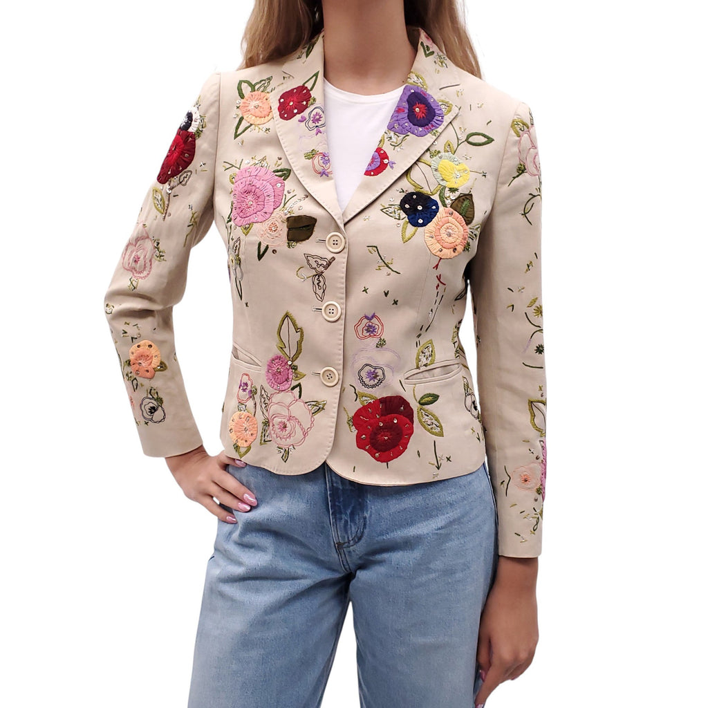MOSCHINO KHAKI JACKET WITH EMBROIDERED FLORAL DETAILS - SIZE S