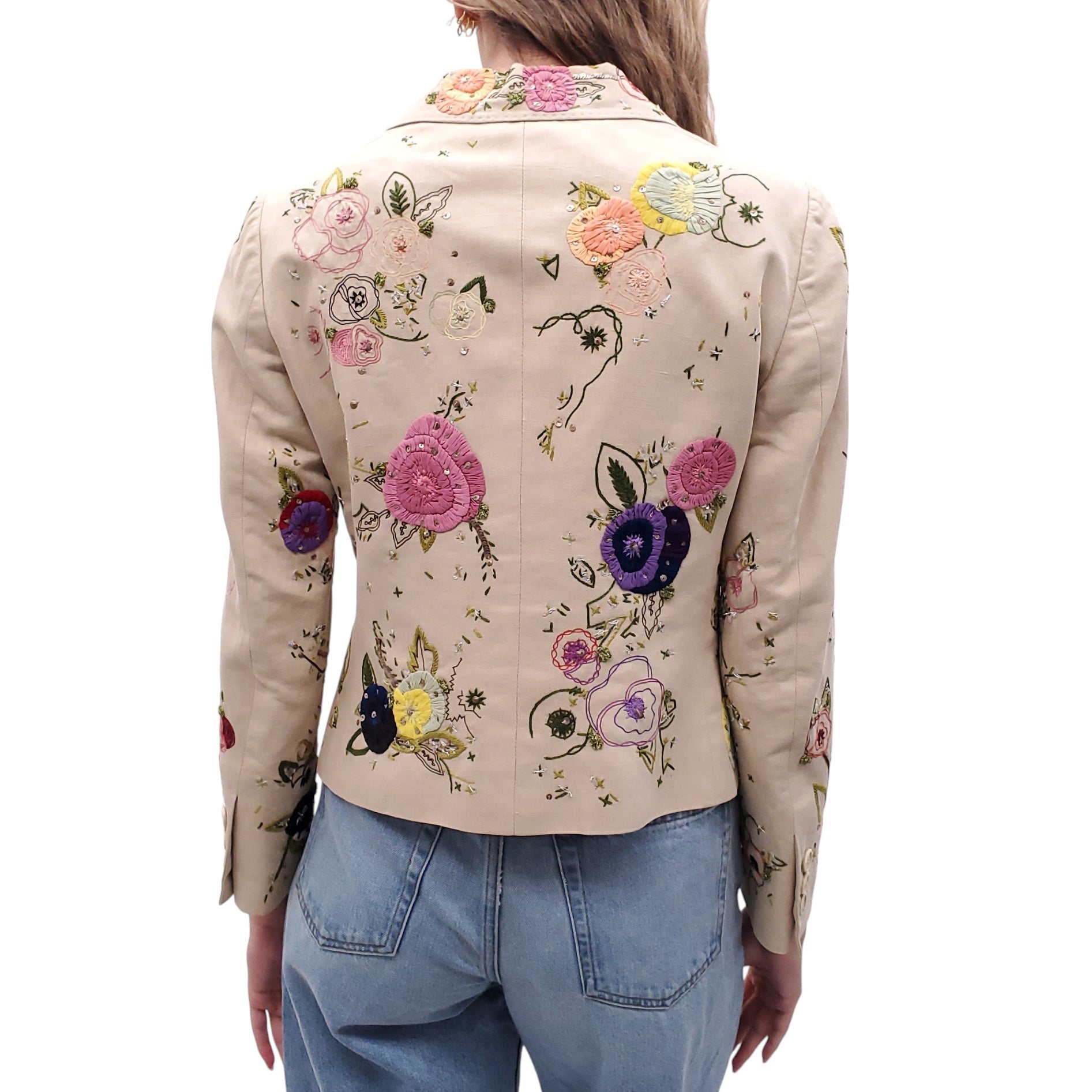 MOSCHINO KHAKI JACKET WITH EMBROIDERED FLORAL DETAILS - SIZE S