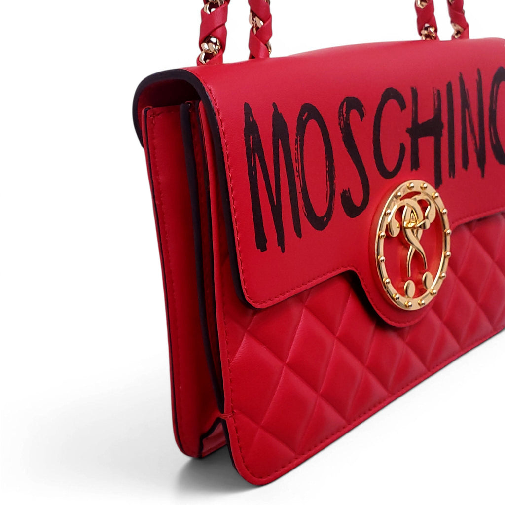 MOSCHINO RED QUILTED LOGO BAG WITH GOLD EMBLEM