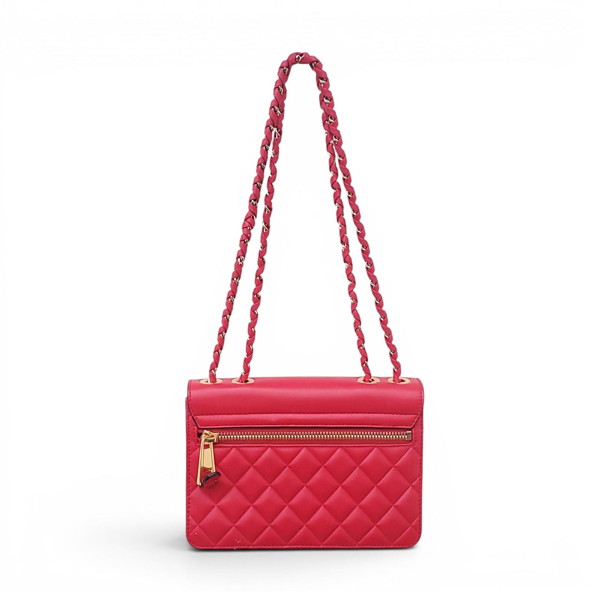 MOSCHINO RED QUILTED LOGO BAG WITH GOLD EMBLEM