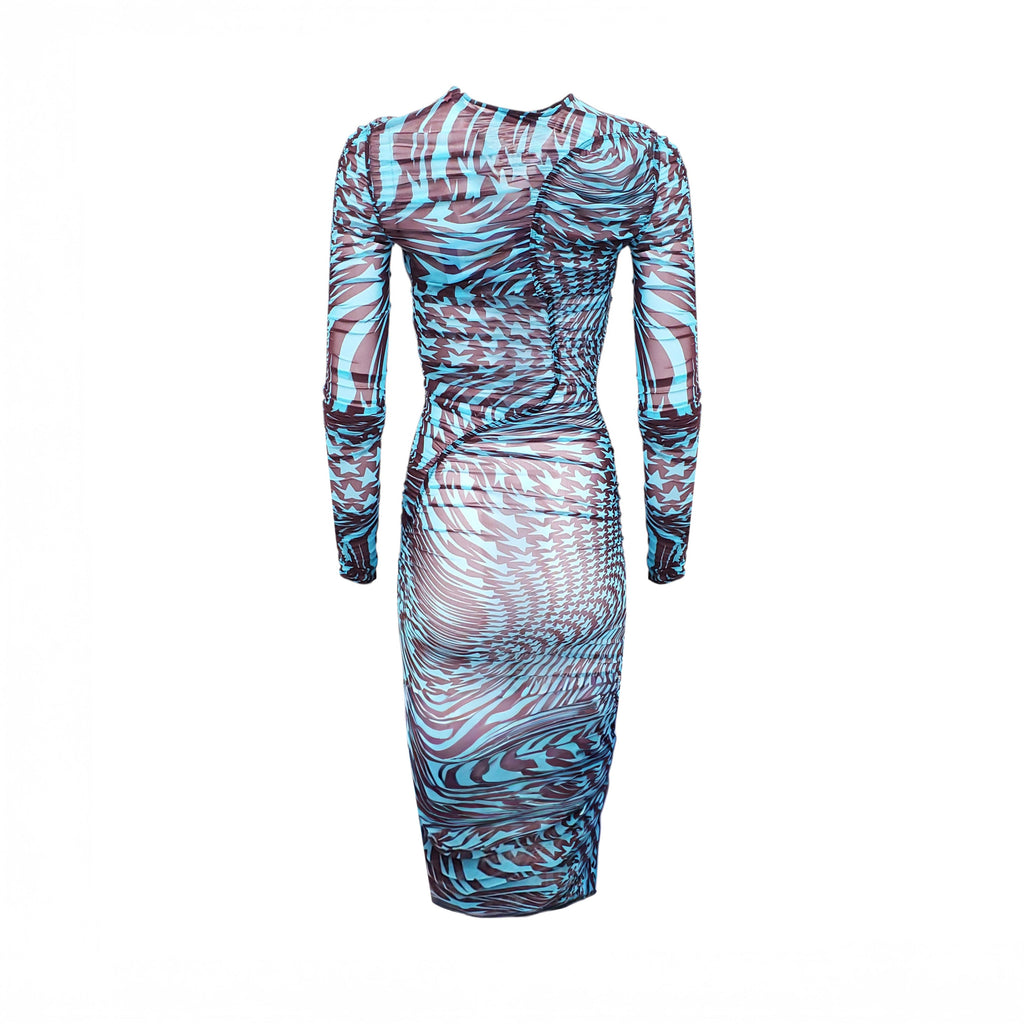 MUGLER BLUE STAR PATTERN RUCHED SHEER DRESS - SIZE 34