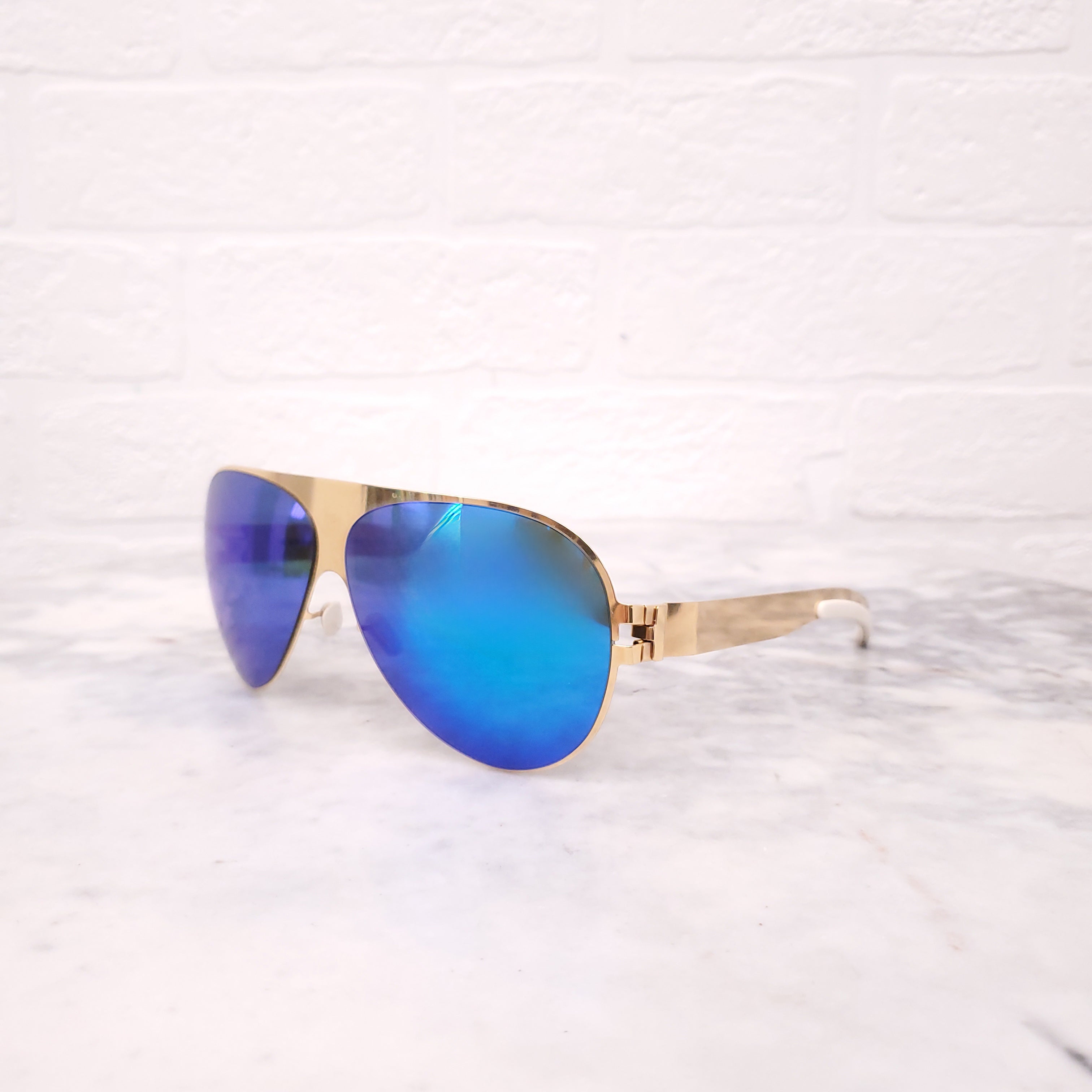 MYKITA GOLD AND BLUE REFLECTIVE AVIATOR SUNGLASSES