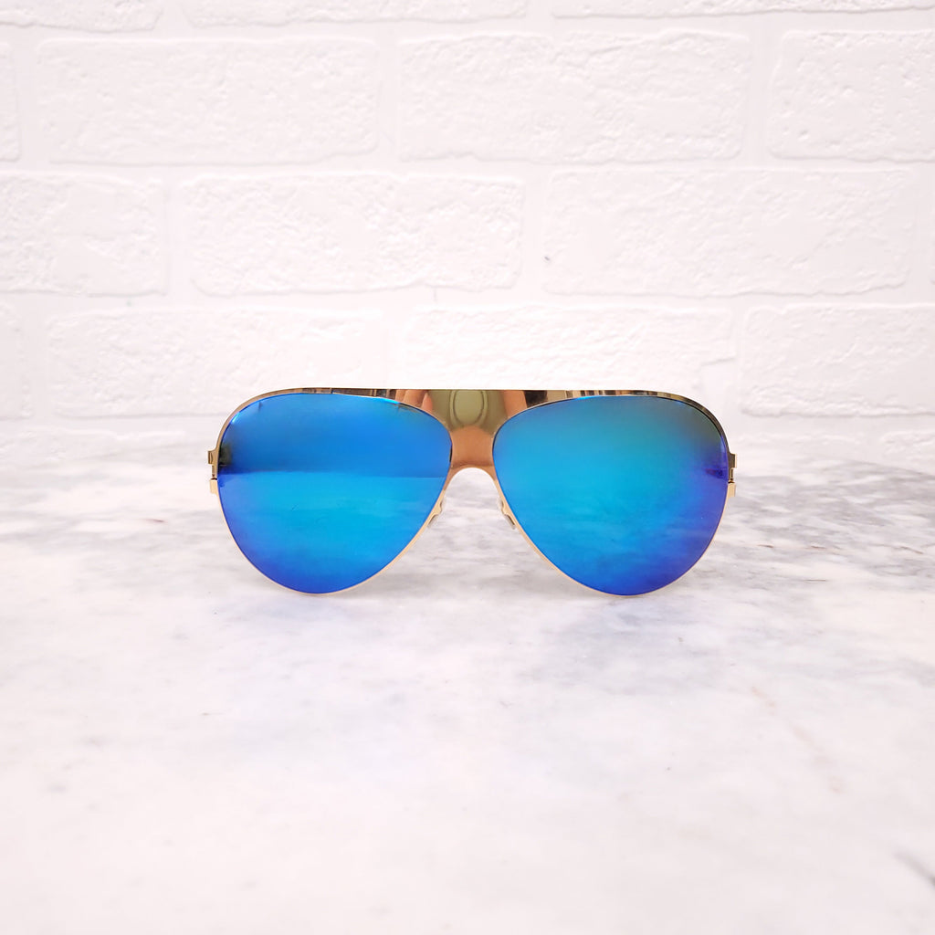 MYKITA GOLD AND BLUE REFLECTIVE AVIATOR SUNGLASSES