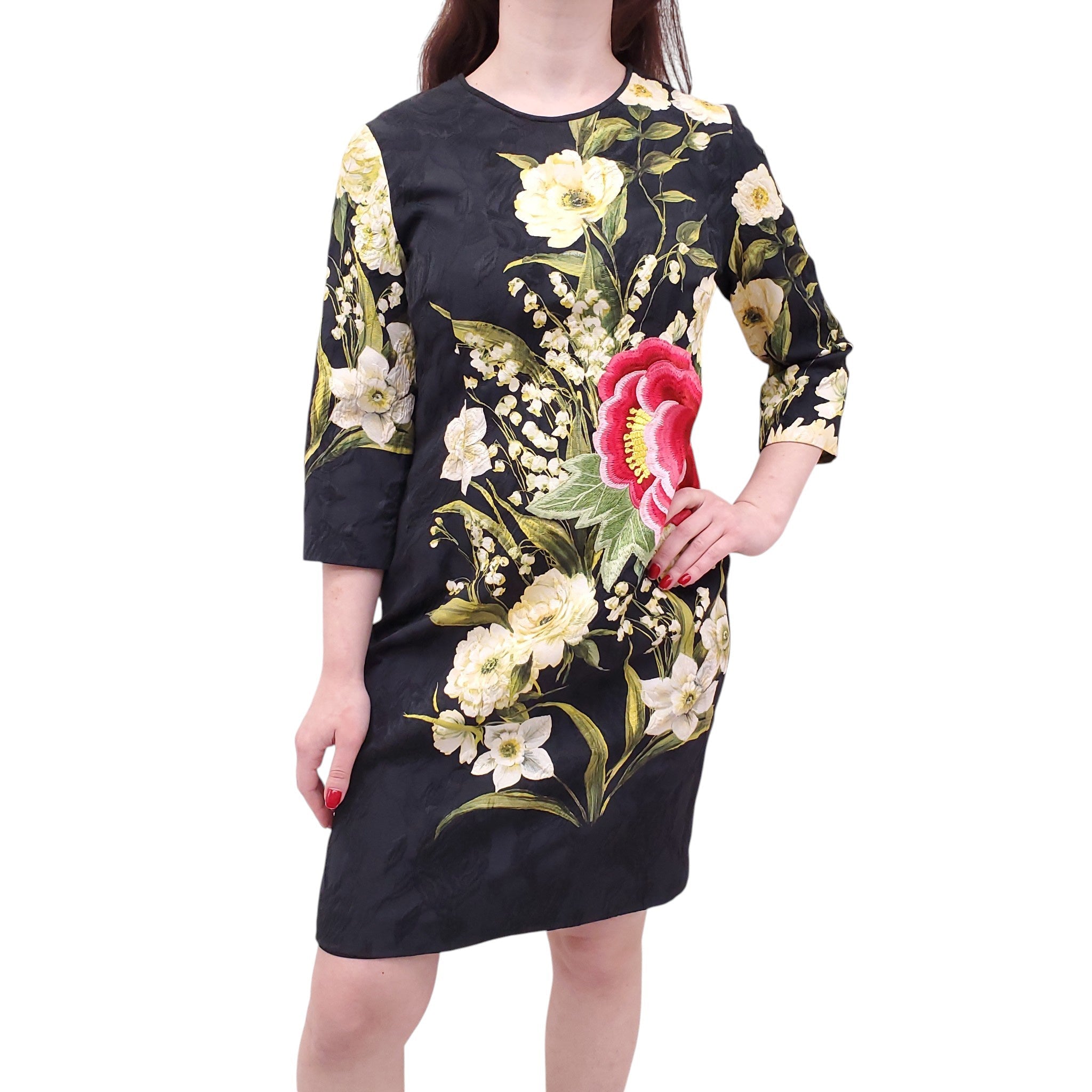 NAEEM KHAN BLACK FLORAL BROCADE DRESS - SIZE 10