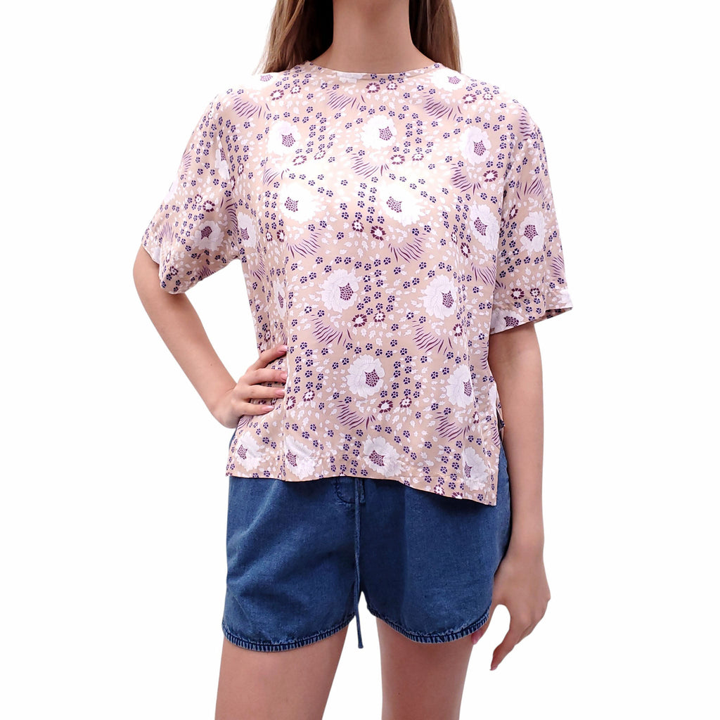 NATALIE MARTIN BLUSH PINK AND PURPLE FLORAL BLOUSE - SIZE S